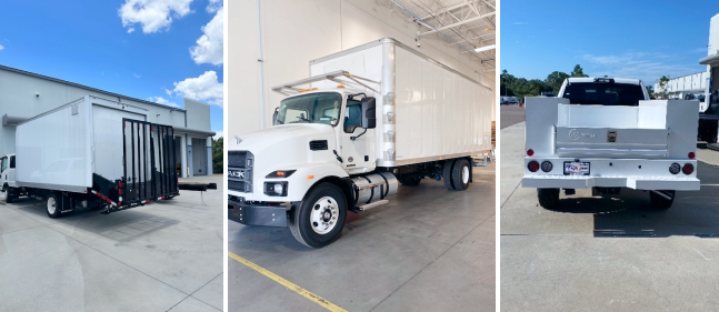 A collage image of trucks